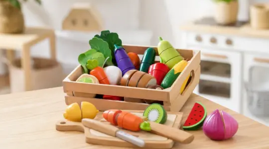 Buntes Spiel-Lebensmittel aus Holz mit Obst, Gemüse und Brot zum Schneiden in einer Holzkiste auf einem hellen Holztisch