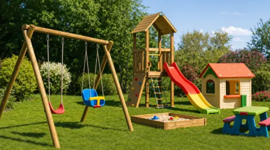 Verschiedene Spielplatzgeräte wie Schaukel und Rutsche stehen einladend auf einer sonnigen Rasenfläche in einem Garten