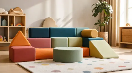 Ein modulares Spielsofa aus weichen Schaumstoffelementen in fröhlichen Farben steht aufgebaut in einem hellen Kinderzimmer