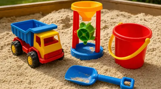 Robustes buntes Sandspielzeug mit Sand-LKW, Sandmühle, Eimer und Schaufel im Sandkasten