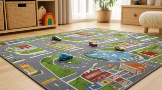 Bunter Kinder-Spielteppich mit Straßen- und Stadtmuster auf einem hellen Holzboden mit kleinen Spielzeugautos