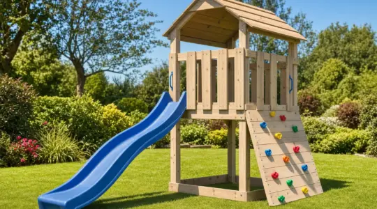 Ein stabiler Spielturm aus Holz mit Rutsche und Kletterwand steht einladend auf einer sonnigen Rasenfläche im Garten