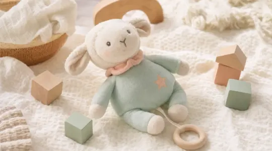 Eine Plüsch-Spieluhr in Pastellfarben liegt auf einer Babydecke