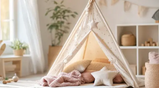 Gemütliches Kinder-Spielzelt in Tipi-Form aus hellem Stoff mit Kissen und Decke in einer hellen Spielecke
