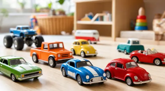 Mehrere bunte Spielzeugautos aus Metall und Kunststoff in fröhlichen Farben lose nebeneinander auf einem hellen Holztisch in einer Spielecke