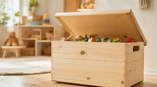 Hölzerne Kinder-Spielzeugkiste mit Klappdeckel aus Naturholz, leicht geöffnet und mit Holzspielzeug gefüllt, in einem Kinderzimmer