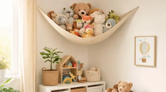 Ein dreieckiges Aufbewahrungsnetz voller Kuscheltiere ist in einer Zimmerecke über Eck gespannt