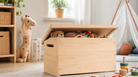 Eine gemütliche Spielzeugtruhe aus hellem Holz mit aufklappbarem Deckel, leicht geöffnet mit ein paar bunten Spielsachen, in einer hellen Spielecke