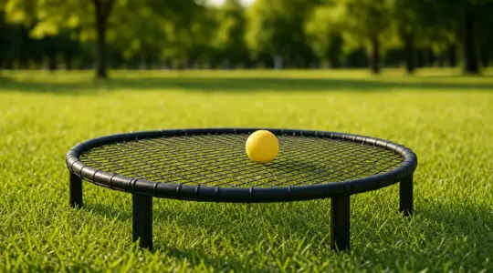 Ein rundes Spikeball-Netz auf niedrigen Beinen steht mit einem kleinen gelben Ball auf einer sonnigen Wiese