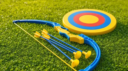 Ein kindgerechter Sportbogen mit Pfeilen mit weichen Spitzen und einer runden Zielscheibe liegt auf einer Gartenwiese