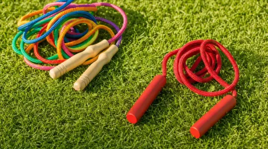 Ein buntes Kinder-Springseil mit Holzgriffen liegt auf einer Rasenfläche