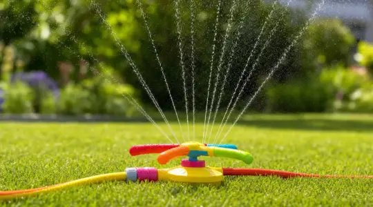 Ein bunter Wassersprinkler für Kinder aus Kunststoff auf einem grünen Rasen, der feine Wasserfontänen versprüht, in einem sonnigen Garten