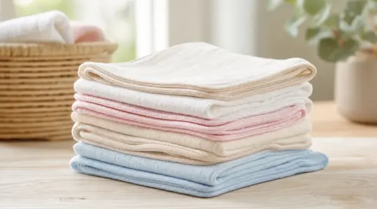 Ein ordentlicher Stapel kleiner weicher gefalteter Spucktücher für Babys in zarten Farben wie Creme, Rosa und Hellblau mit feinen Bordüren auf einem hellen Holztisch