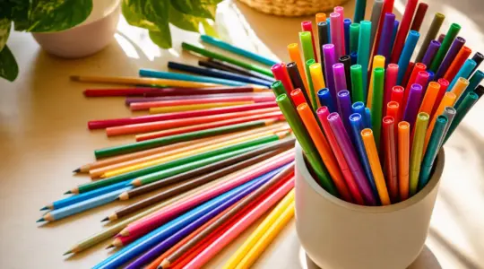 Viele bunte Buntstifte und Filzstifte aufgefächert und in einem Becher auf einem Schreibtisch