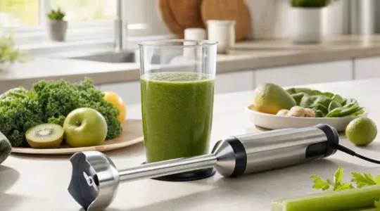 Ein Edelstahl-Stabmixer liegt mit Mixbecher und frischem Gemüse auf einer Arbeitsplatte