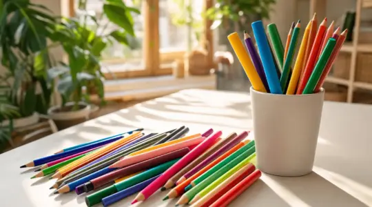 Mehrere bunte Stifte liegen aufgefächert auf einer hellen Fläche bereit