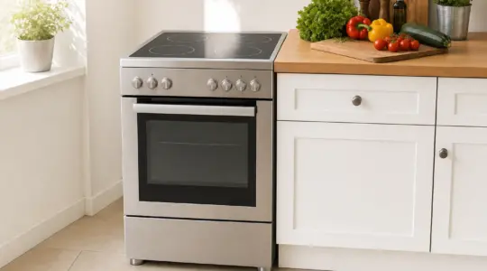 Ein freistehender Edelstahl-Standherd mit Backofen steht in einer hellen Küche