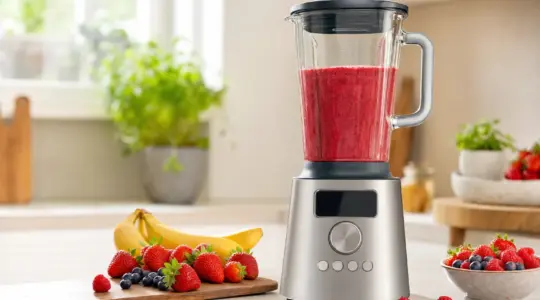 Ein Standmixer mit Glasbehälter und rotem Smoothie steht auf einer Küchenarbeitsplatte