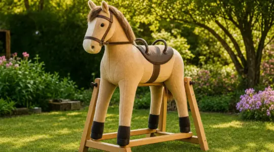 Ein Voltigierpferd aus Holz und Plüsch steht auf einer Rasenfläche im Garten