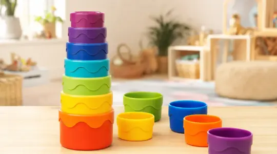 Set bunter Kinder-Stapelbecher in abgestufter Größe, teils zu einem Turm gestapelt, auf einem hellen Holztisch im Kinderzimmer