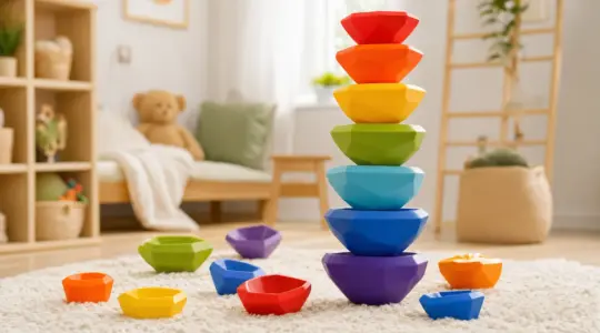 Bunte Stapelsteine in Regenbogenfarben aus Kunststoff, teils zu einem Turm gestapelt, teils lose in einer hellen Spielecke eines Kinderzimmers