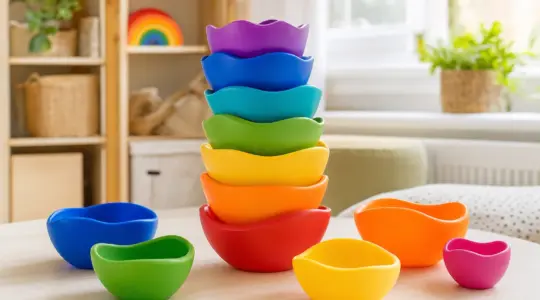 Mehrere bunte, schalenförmige Stapelsteine sind zu einem Turm gestapelt und liegen daneben bereit