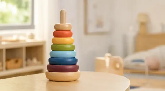 Hölzerner Ringstapelturm für Babys mit bunten Holzringen in abgestufter Größe auf einem hellen Holztisch im Kinderzimmer