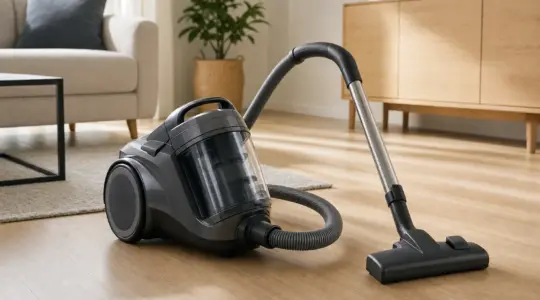 Ein moderner Staubsauger steht auf einem hellen Boden, daneben die Bodendüse