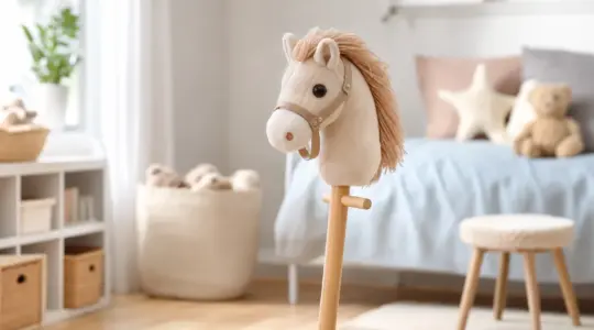 Ein klassisches Steckenpferd für Kinder mit weichem Plüschpferdekopf in hellen Farben auf einem Holzstab dekorativ stehend in einem hellen Kinderzimmer