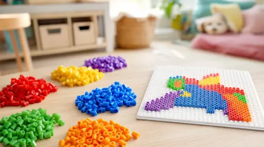 Bunte Kinder-Steckperlen, teils lose und teils auf einer Steckplatte zu einem Muster gesteckt, auf einem hellen Holztisch