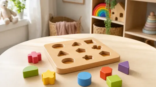 Ein buntes Holz-Steckspiel mit Formen und Steckbrett auf einem hellen Tisch