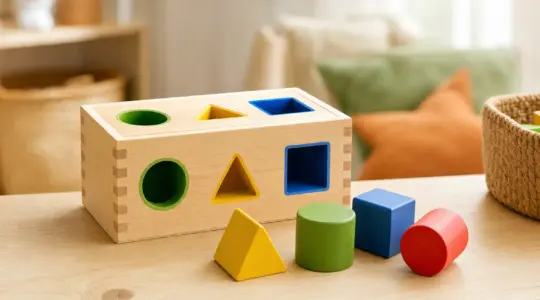 Hölzernes Steckspiel mit Sortierbox aus Naturholz und bunten geometrischen Steckformen auf einem hellen Holztisch im Kinderzimmer