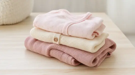 Mehrere hochwertige Kinderkleidungsstücke liegen ordentlich gefaltet auf einer hellen Fläche bereit