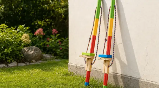 Ein Paar bunte Kinder-Stelzen aus Holz mit verstellbaren Trittflächen an einer Gartenmauer