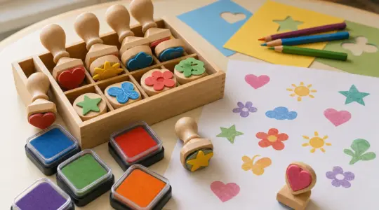 Ein buntes Kinder-Stempelset mit Holzstempeln und Stempelkissen auf einem Maltisch