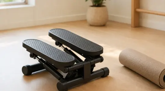 Ein kompakter schwarzer Fitness-Stepper steht auf einem Holzboden
