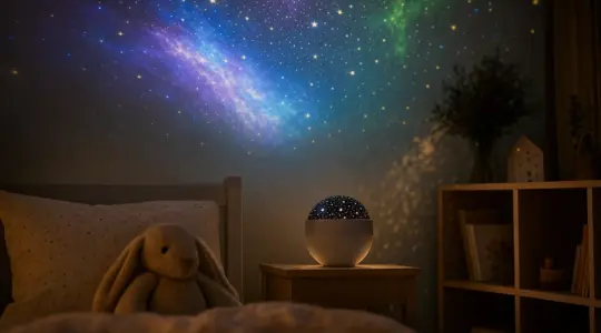 Sternenhimmel-Projektor für Kinder projiziert Sterne in ein abgedunkeltes Kinderzimmer