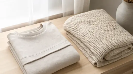 Ein gemütlicher Stillpullover in Naturton liegt gefaltet auf einer Holzfläche