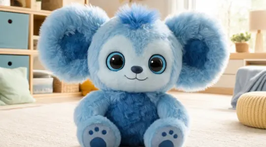 Ein flauschiges blaues Fantasie-Kuscheltier mit großen Ohren sitzt auf einer hellen Fläche bereit
