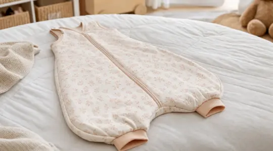 Ein weicher Baby-Strampelsack aus zartem Stoff in hellen Pastelltönen ordentlich ausgebreitet auf einer frisch bezogenen Bettdecke in einem hellen Kinderzimmer