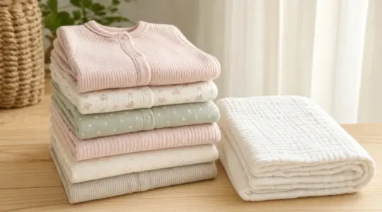 Mehrere zusammengelegte Baby-Strampler in Pastellfarben liegen gestapelt