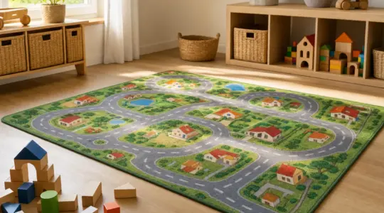 Ein bunter Kinder-Spielteppich mit Straßen und Häusern liegt im Kinderzimmer