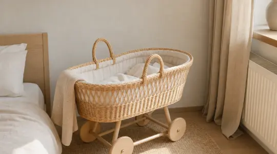 Ein geflochtener Stubenwagen auf Rollen mit heller Bettwäsche steht in einem Schlafzimmer
