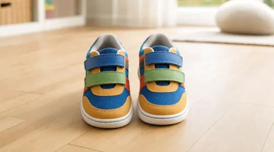 Ein Paar bunte Kinderschuhe mit Klettverschluss steht nebeneinander auf einem hellen Boden