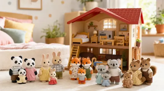 Mehrere kleine Tierfiguren und ein kleines möbliertes Spielhaus stehen auf einer hellen Fläche bereit