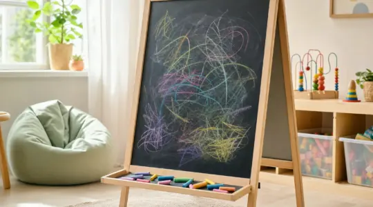 Eine kindgerechte Standtafel mit dunkler Schreibfläche und Holzrahmen im Kinderzimmer