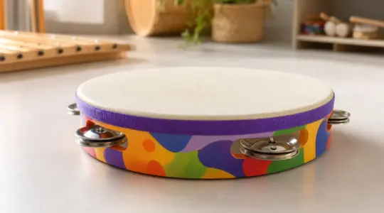 Ein buntes Tamburin mit Schellen liegt auf einer hellen Fläche bereit