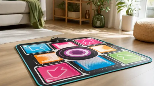 Eine bunte elektronische Tanzmatte mit Feldern liegt auf einem Boden