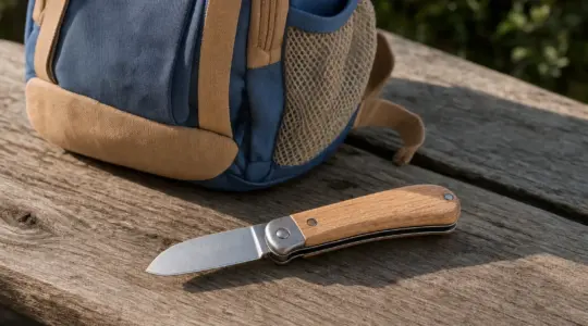 Ein kindgerechtes klappbares Taschenmesser mit Holzgriff liegt aufgeklappt auf einem Tisch