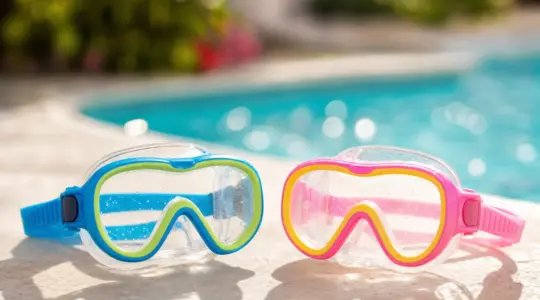 Zwei bunte Kinder-Taucherbrillen in fröhlichen Farben am sonnigen Rand eines Pools auf einer hellen Fläche